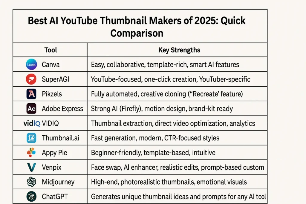 Best AI YouTube Thumbnail Makers 2025 comparison chart showing top tools, their logos, and key strengths for easy selection, with a focus on the keyword "Best AI YouTube Thumbnail Makers.