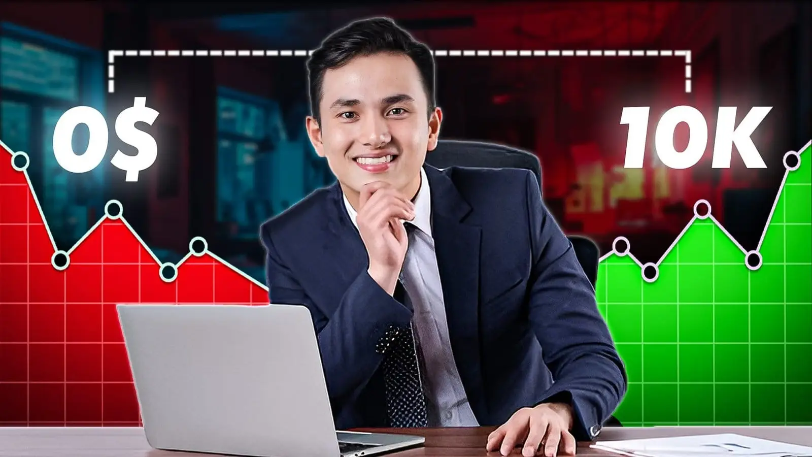 Happy entrepreneur in front of a chart showing growth from $0 to $10K.