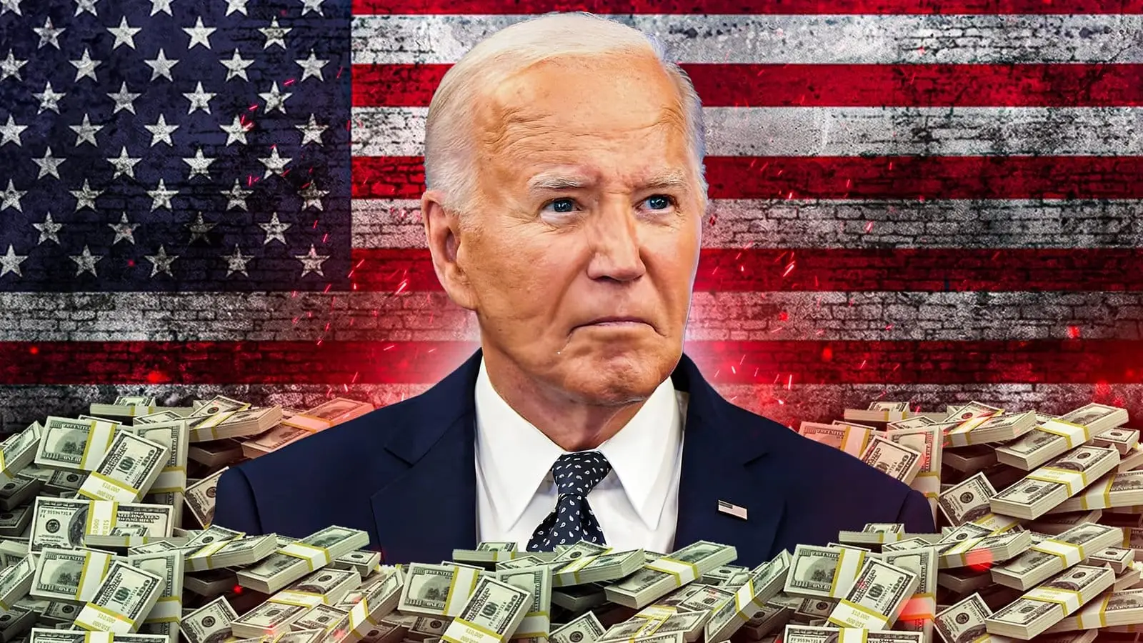 US president with a background of the American flag and piles of cash.