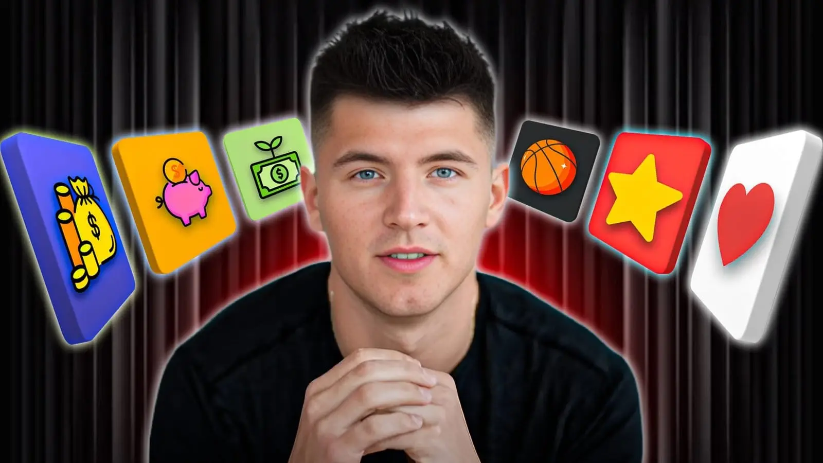 Man with mobile app icons around him representing games and earning.