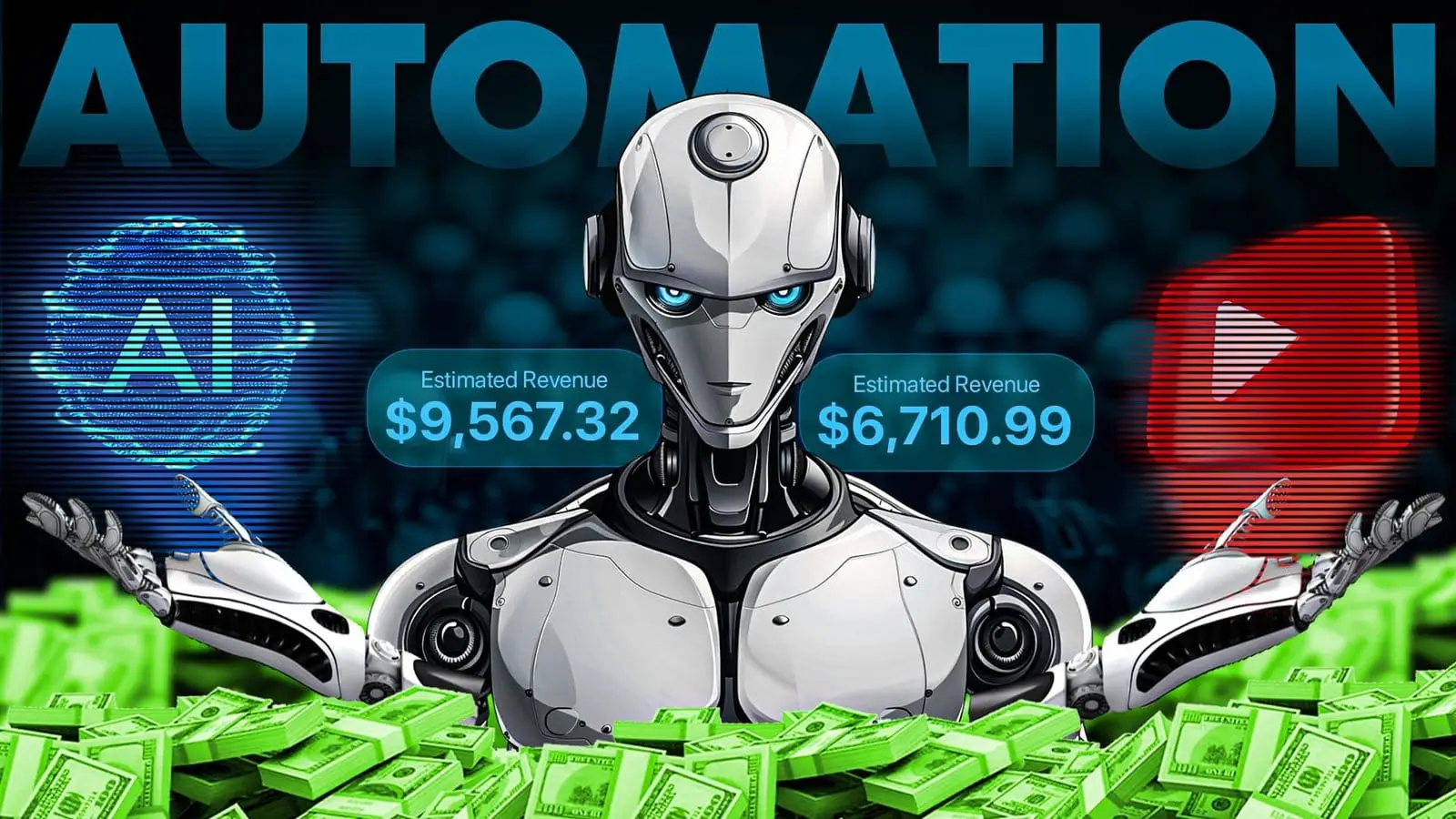 Robot figure holding cash, with YouTube and income stats in the background.