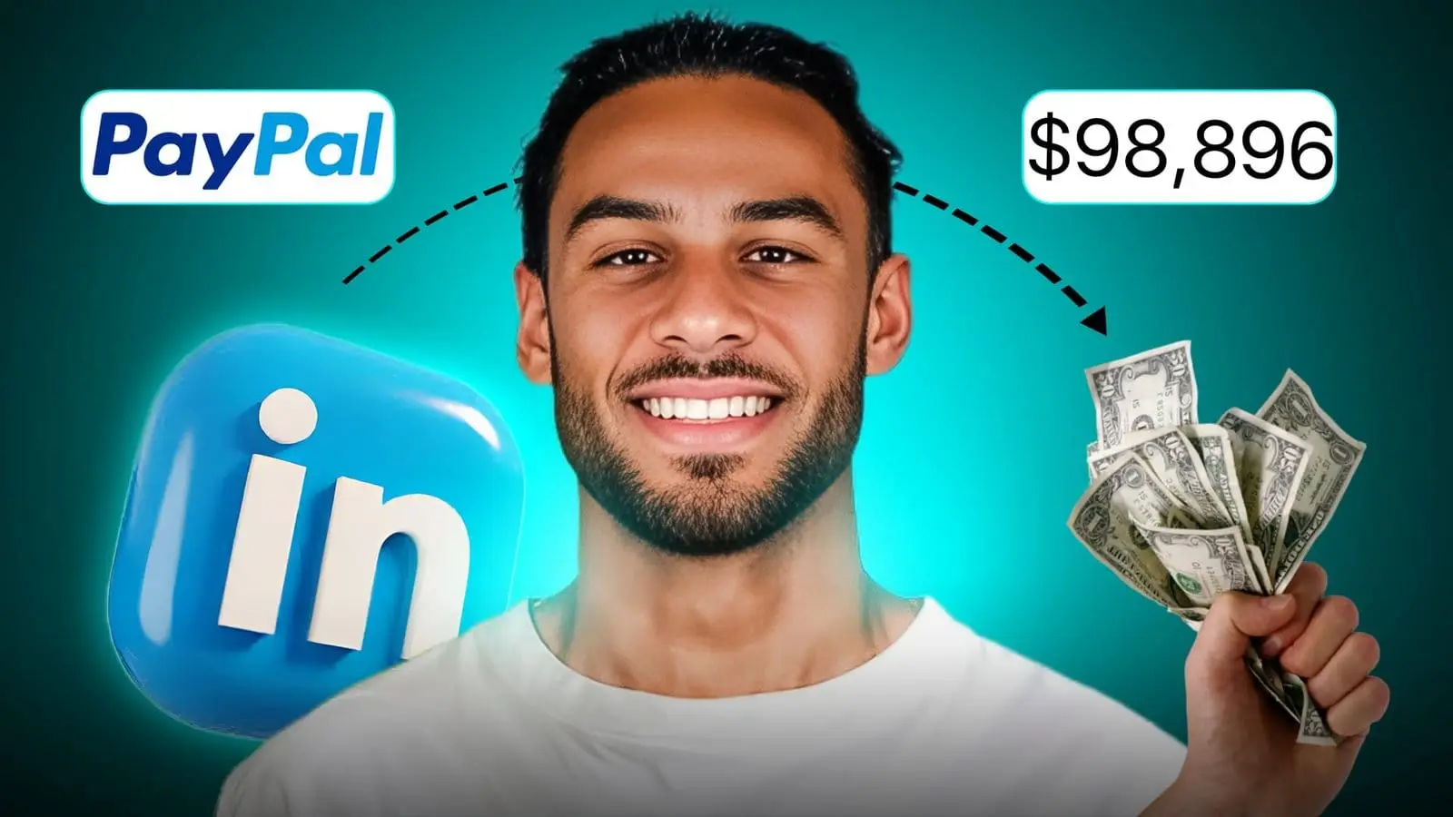 Man holding cash with LinkedIn and PayPal logos around him. youtube thumbnail portfolio