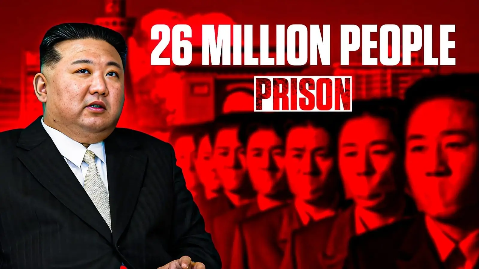 Kim Jong-un with red background and North Korean citizens lined up.