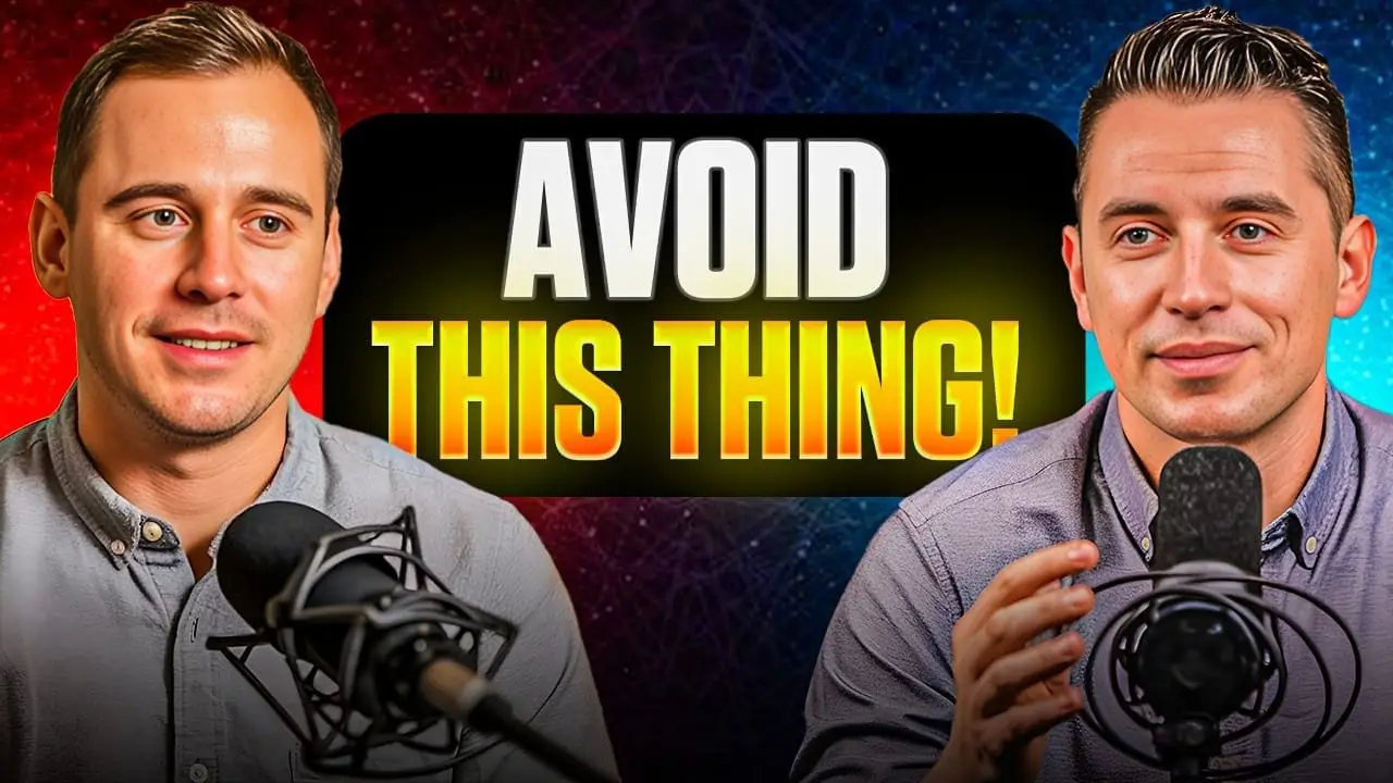 Two men podcasting with serious expressions and bold warning text.
