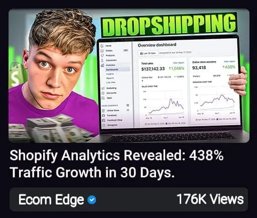 Young man holding a laptop showing Shopify earnings dashboard with cash around.