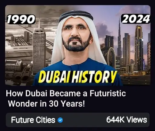 Dubai skyline with Burj Khalifa, flying cars, and futuristic architecture showing rapid city transformation."
