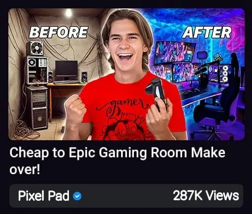 Young gamer celebrating in front of a transformed RGB-lit gaming room.