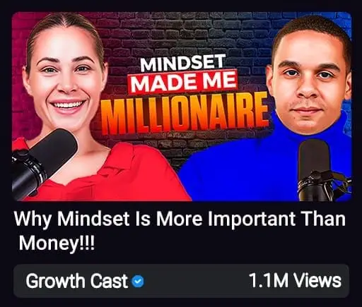 Two podcast hosts smiling with mics, set against a bright studio.