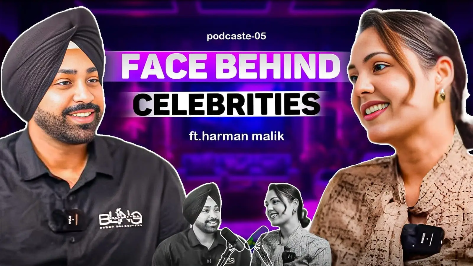 Two people smiling during a podcast discussing celebrity branding