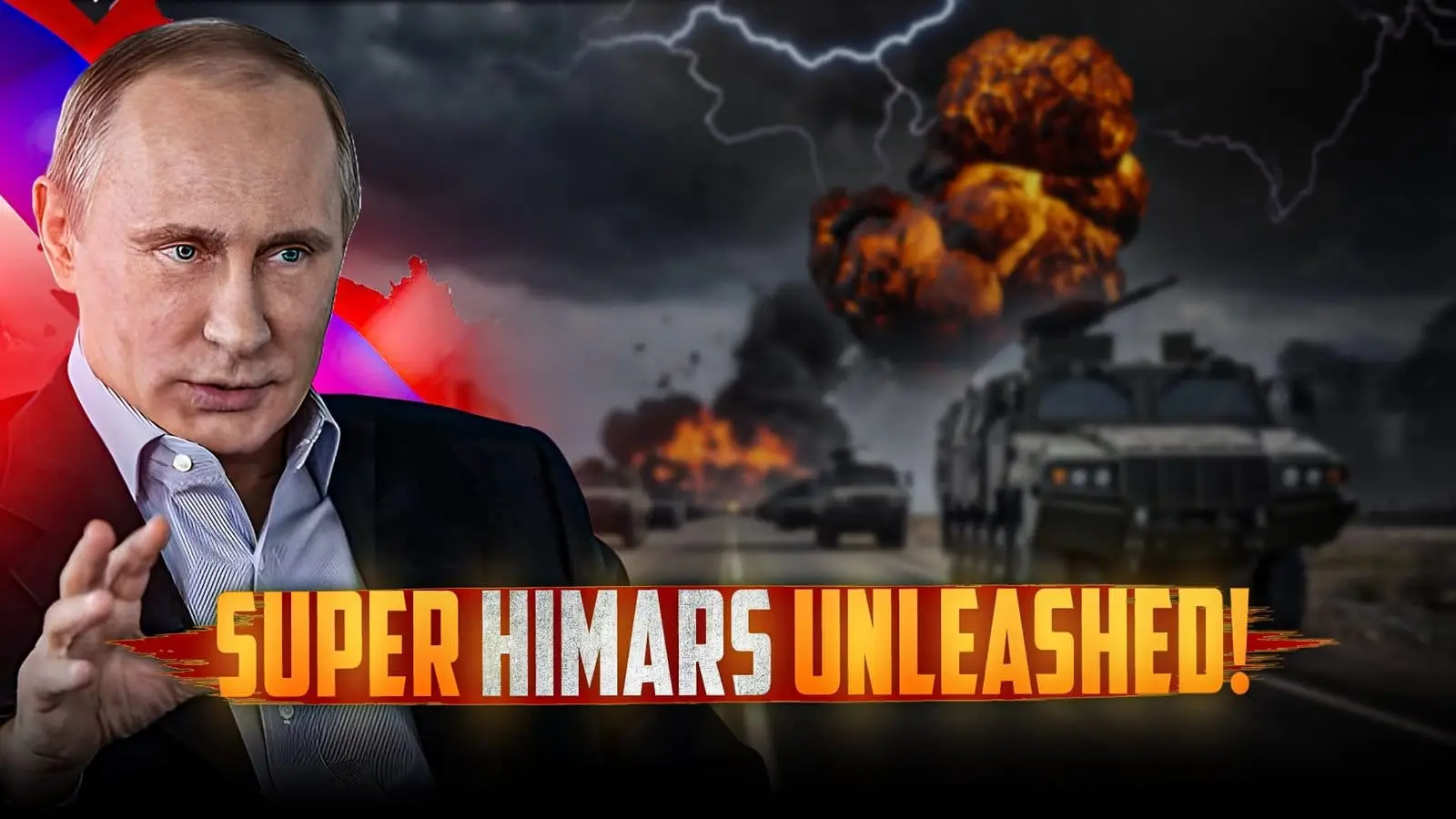 Explosions and military vehicles as a man in suit gestures seriously.